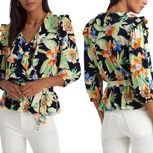 Ralph Lauren Floral Jersey Belted Peplum Top - Medium -‎ Vacation, Work Party